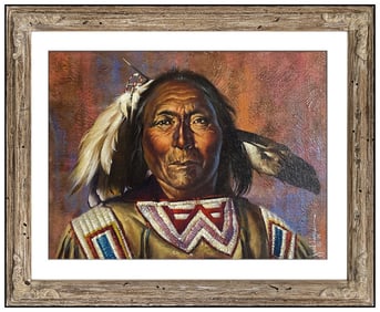 Jack Hines Original Native American Portrait Oil Painting Signed Framed Board