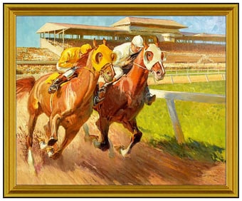 Robert Lougheed Large Original Horse Racing Oil Painting Signed Framed Board