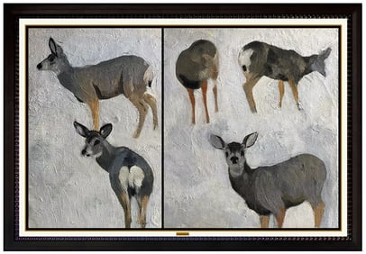 George Browne Original Wildlife Deer Diptych Oil Painting Signed Framed Canvas Board