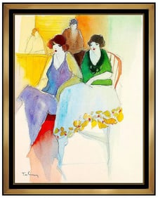 Itzchak Tarkay Original Female Portrait Cafe Watercolor Painting Signed Framed Art