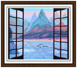 Fanch Ledan Mystic Mountains Original Signed Serigraph Landscape Illustration Framed