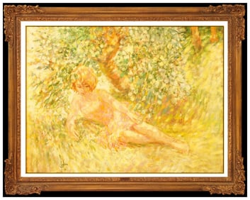 Louis Fabien Large Original Female Portrait Floral Oil Painting Signed Framed Canvas