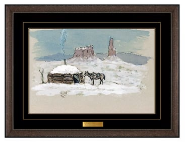 Olaf Wieghorst Original Western Winter Landscape Horse Gouache Painting Signed Framed