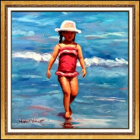 Michael Vincent Original Child Portrait Beach Oil Painting Signed Framed Canvas