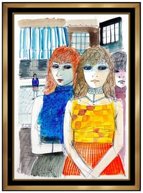 Charles Levier Original Female Portrait Gouache Painting Hand-Signed Framed Art