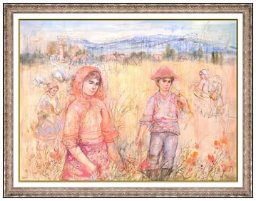 Edna Hibel Large Original Female Portrait Landscape Oil Painting Signed Framed Board