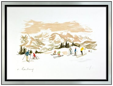 Andre Hambourg Les Skiers Large Original Hand-Signed Color Lithograph Framed Art