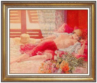 Louis Fabien Original Nude Female Portrait Oil Painting Signed Framed Canvas