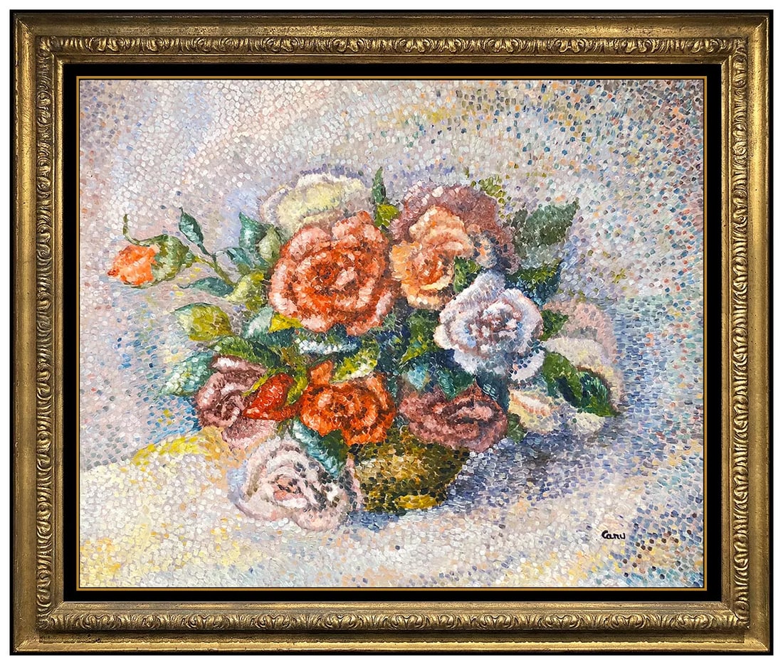 Yvonne Canu Original Flowers Floral Still Life Oil Painting Signed Framed Board: This lot includes:Gallery COA & free domestic shipping (*insurance and international shipping for an additional charge)Artist: Yvonne Canu Title: FleursMedium: Oil Painting on BoardSize: 15" x 18"Fram