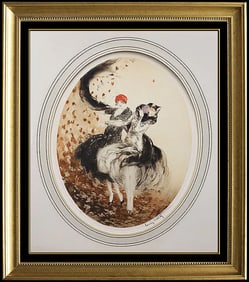 Louis Icart Autumn Leaves Original Hand-Colored Signed Etching Art Deco Framed