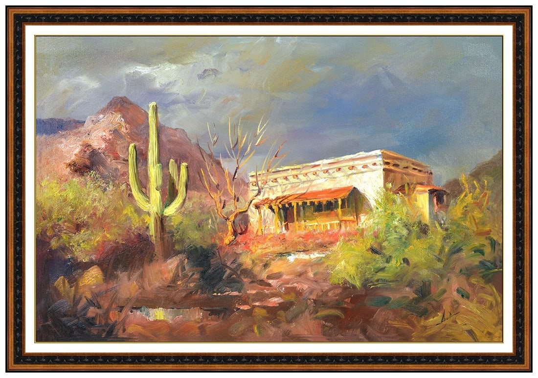 Jim Abeita Large Original Desert Landscape Oil Painting Signed Framed Canvas: This lot includes:Gallery COA & free domestic shipping (*insurance and international shipping for an additional charge)Artist: Jim Abeita Title: Desert RetreatMedium: oil painting on canvasSize: 24&rd