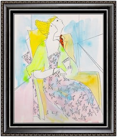 Linda Le Kinff Original Cubism Figurative Watercolor Painting Signed Framed Art