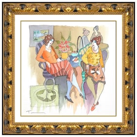 Itzchak Tarkay Original Female Figure Cafe Watercolor Painting Signed Framed Art