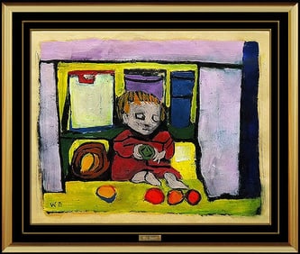 Will Barnet Original Modern Child Portrait Illustration Oil Painting Signed Framed Art