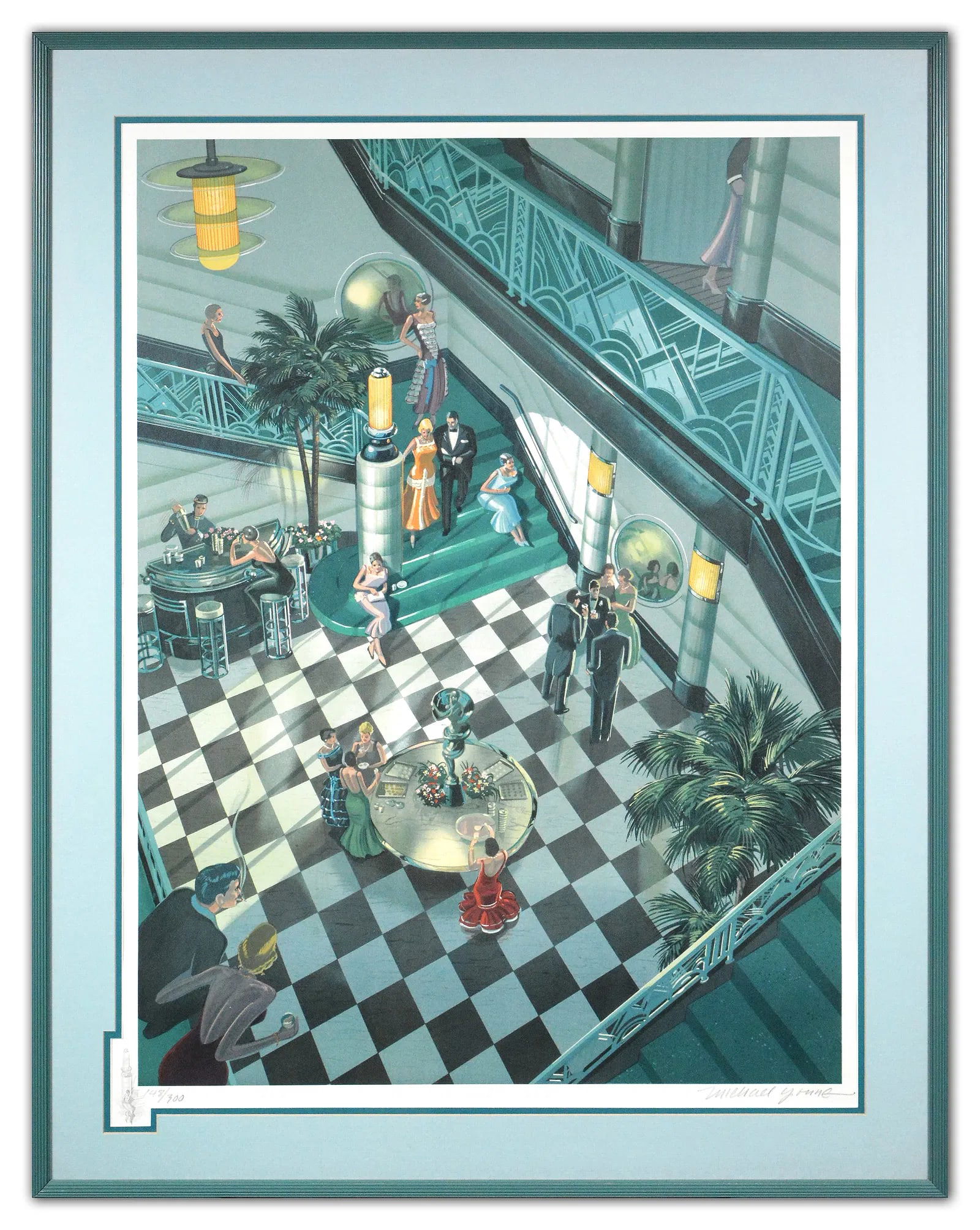 Michael Young Intermission Original Signed Color Lithograph Art Deco Interior Framed: This lot includes a Gallery COA Artist: Michael YoungTitle: IntermissionMedium: Color LithographSize: 34" x 25"Framed: 40" x 31"Signed: Signed in Lower Right Year: 1987Number: 148 of 300 **There are o