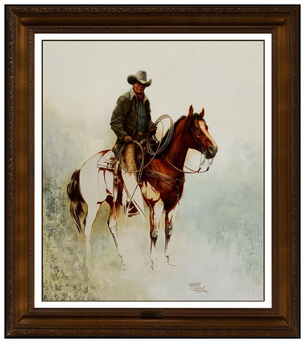 Chuck De Haan Original Western Cowboy Horse Oil Painting Signed Framed Board (1 of 5)