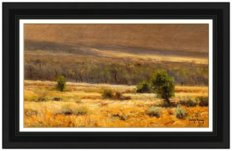 Gordon Brown Original Western Landscape Oil Painting Signed Framed Board: This lot includes:Gallery COA & free domestic shipping (*insurance and international shipping for an additional charge)Artist: Gordon Brown Title: Golden HillsideMedium: Oil On BoardSize: 9" x 16" Fra