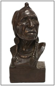 Charles Beil Calf Tail Bronze Sculpture Native American Portrait Bust Signed Art