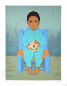 Gustavo Montoya Alcancia Large Color Silkscreen Signed and Framed Mexican Child Artwork