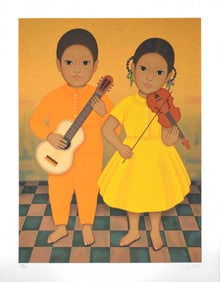 Gustavo Montoya Muñeca and Instrumentos Large Color Silkscreen Signed and Framed Mexican Children