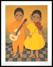Gustavo Montoya Muñeca and Instrumentos Large Color Silkscreen Signed and Framed Mexican Children