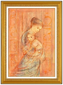 Edna Hibel Original Mixed Media Painting On Silk Signed Mother Child Portrait