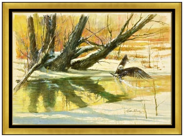 Victor Olson Original Gouache Oil Painting On Board Signed Landscape Eagle Art