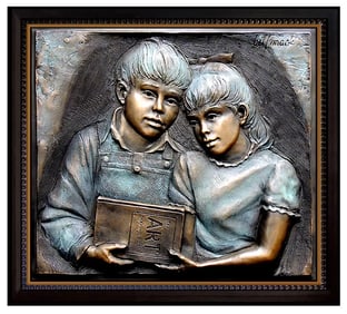 BILL MACK Original BRONZE SCULPTURE SHARING Children art Signed Framed