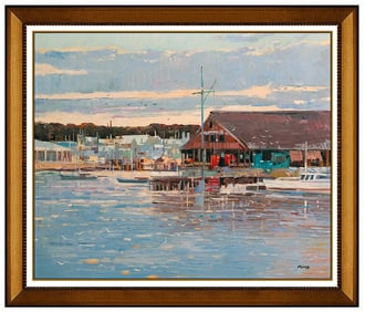 Ming Feng Original Oil On Canvas Painting Signed New England Harbor Framed Art