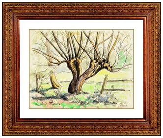 Paul Emile Pissarro Original Painting Signed Tree Landscape Framed Watercolor