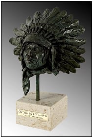 Richard V Greeves Old Eagle Bronze Sculpture Native American Signed Portrait Art