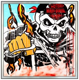 Clem$ Original Large Acrylic Painting On Canvas Harley Davidson Signed Artwork