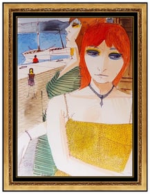 Charles Levier Original Painting Gouache Signed Female Portrait Seascape Artwork