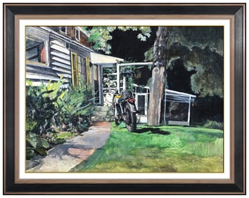 Gordon Ellis Original Painting On Canvas Signed Framed Landscape Motorcycle Art