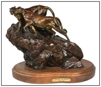 Ken Rowe Love On The Rocks Bronze Sculpture Tiger Signed Full Round Wildlife Art