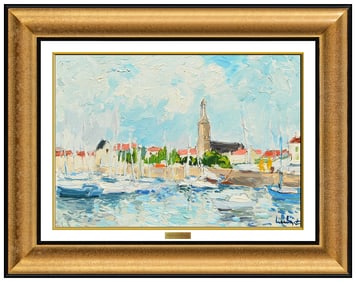 Fernand Herbo Original Oil Painting On Board Signed Harbor Landscape Framed Art