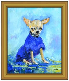 Duaiv Original Oil Painting On Canvas Chihuahua Dog Framed Signed Portrait Art