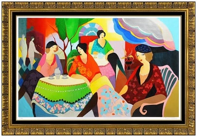Itzchak Tarkay Large Original Embossed Serigraph Noonday Chat Signed Framed Art