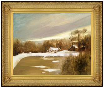 Hai Ou Hou Oil Painting On Canvas Signed Winter Rural Landscape Framed Artwork