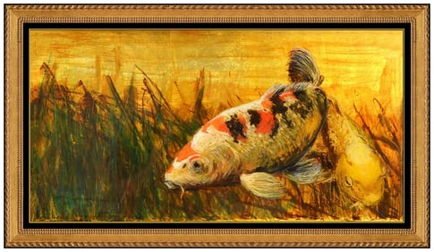 John Battenberg Original Koi Painting Oil On Board Signed Fish Framed Artwork