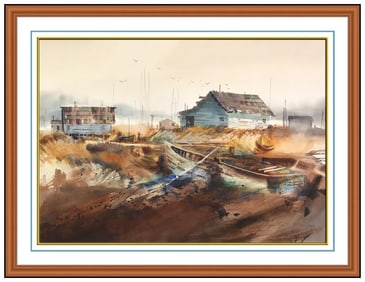 John Ebner Original Nautical Landscape Watercolor Painting Signed Framed Artwork