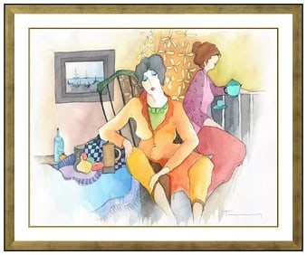 Itzchak Tarkay Original Watercolor Painting Signed Ladies Cafe Framed Artwork
