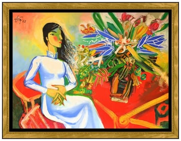 Nguyen Dinh Dung Original Painting Oil On Canvas Portrait Framed Signed Artwork
