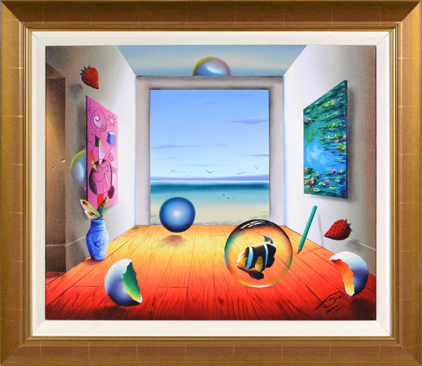 Ferjo Fernando de Jesus Oliveira Original Surrealist Oil Painting Signed Framed Canvas: This lot includes a Gallery COAArtist: Ferjo (Fernando de Jesus Oliveira)Title: Inside Outside InteriorsMedium: Oil on CanvasSize: 19.5" x 23.5"Framed: 26.5" x 30"Signed: Signed in Lower Right**There