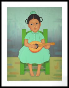 Gustavo Montoya Mandolina Large Original Signed Mexican Children Silkscreen Framed Art