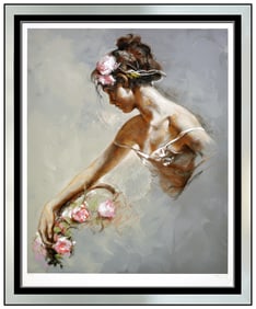Jose Royo Large Color Serigraph Imagen Female Portrait Hand Signed Flower Art