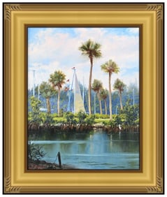 William Robert Davis Original Signed Oil Painting On Board Framed Landscape Boat