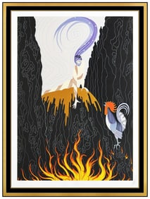 Erte Large Embossed Color Serigraph French Rooster Hand Signed Framed Art Deco