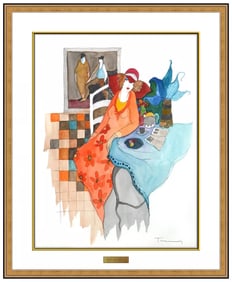 Itzchak Tarkay Original Watercolor Painting Female Cafe Signed Framed Artwork