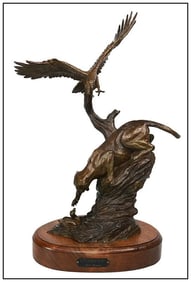 Bill Girard Feathered Fury Bronze Sculpture Eagle Mountain Lion Signed Wildlife